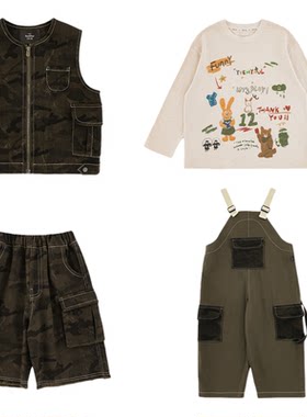 幼悠 男童2026春季套装儿童迷彩工装马甲趣味童话印花T恤多件套潮