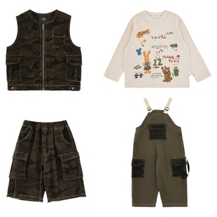 幼悠 男童2026春季套装儿童迷彩工装马甲趣味童话印花T恤多件套潮