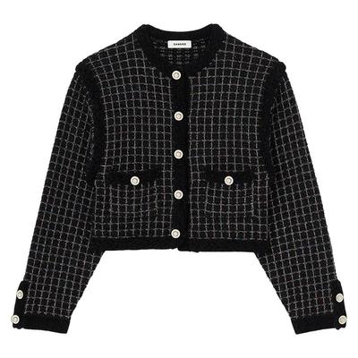 SANDRO法式撞色格纹针织开衫