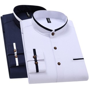 小立领衬衫男长袖韩版修身中国风中山装无圆村讨占称衫衣衬衣寸土