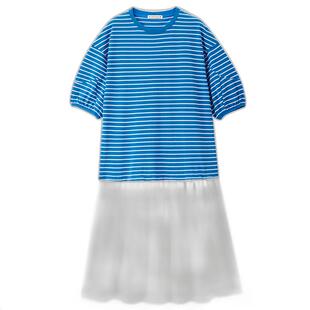 设计师款佐丹奴假两件连衣裙女新款拼接条纹圆领宽松裙子18465822