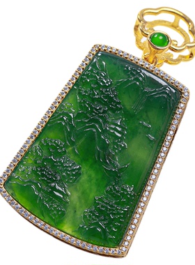 衣锦媚行s925镀金翡翠山水牌吊坠