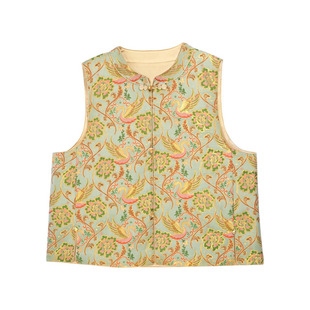 新中式女装上衣钱小萍宋锦天鹅湖马甲中国风日常通勤无袖真丝开衫