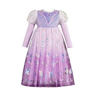 女童长发公主裙2026春秋新款紫色渐变高级感儿童生日礼服网纱裙子