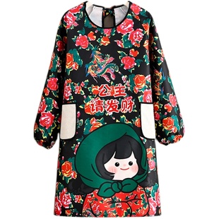 国风东北大花围裙罩衣厨房家用长袖防水防油工作服餐饮专用时尚女