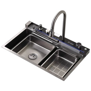 左下水飞雨瀑布水槽大单槽台中下家用厨房洗菜盆304不锈钢洗碗槽