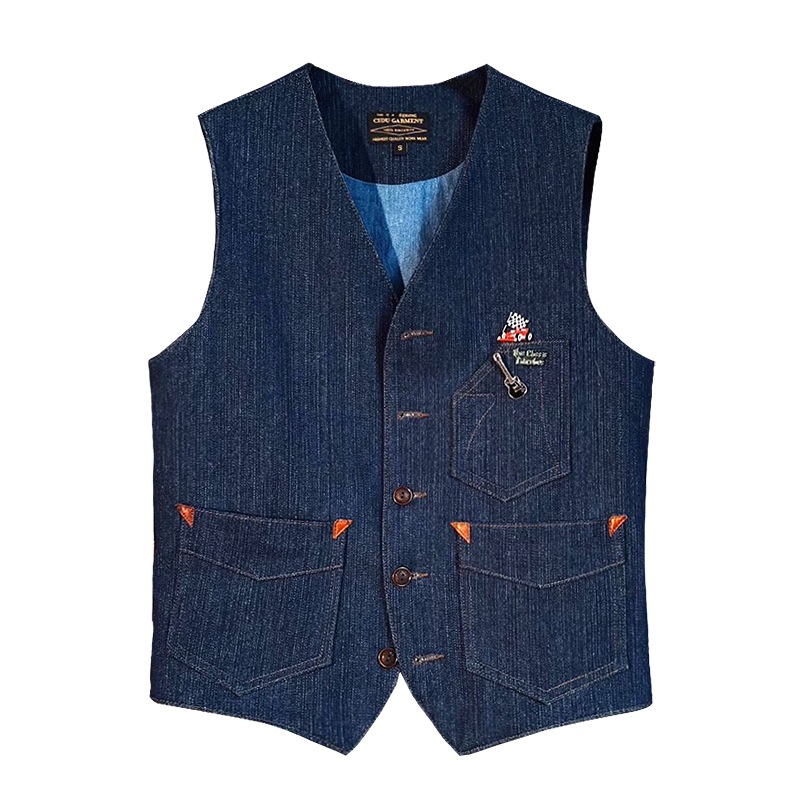 美式复古西部袋花刺绣工装马甲竹节纹原牛水洗做旧多口袋V领马夹