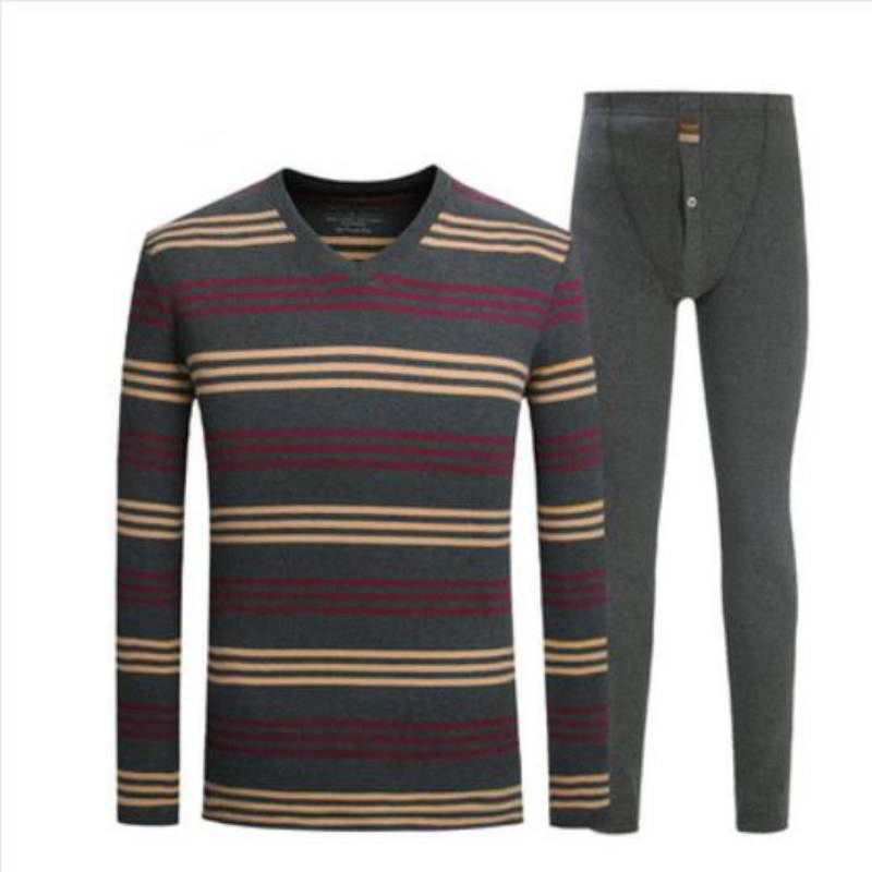 三针内衣男青年全棉保暖V领内衣套装冬季加厚舒绒秋衣秋裤长袖冬