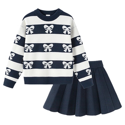森马儿童毛衣套装2024新款短裙两件套蝴蝶结提花冬装甜美女童装潮