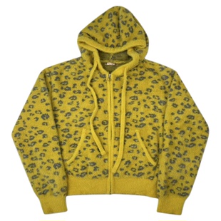 年九一口贰 黄色绒感豹纹提花波点拉链开衫毛衣短款外套针织帽衫