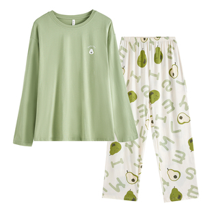 康妮雅新款春季纯棉可外穿睡衣女长袖长裤可外穿家居服圆领套装