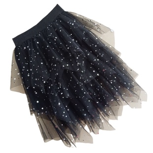 女童不规则半身裙2024新款夏季儿童纱裙黑色短裙公主亮片网纱裙子