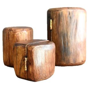 泰国实柚木首饰收纳盒饰品盒旋转创意异形自然木头抠空复古木桩盒