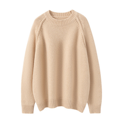 秋冬100%山羊绒衫女圆领加厚宽松