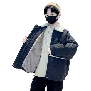 男童外套秋冬款2025新款中大童加绒加厚冬季儿童保暖翻领洋气棉服