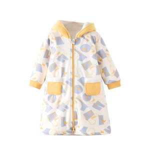 宝宝睡袍秋冬纯棉男女童连帽睡袋防踢家居服保暖拉链睡裙婴儿睡衣
