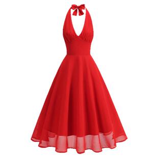 复古港风女神红色挂脖连衣裙显白气质收腰大摆飘逸雪纺度假赫本裙