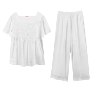 Bonny/博尼棉睡衣套装薄款格纹方领短袖七分裤套装V领睡裙棉纱