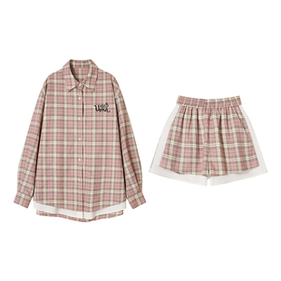 【早樱情书】Uena美式复古格纹假两件翻领落肩袖衬衫休闲短裤套装