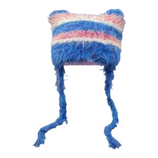 y2k甜酷撞色毛绒针织帽条纹猫耳绑带毛线帽女辣妹ins亚比套头帽子