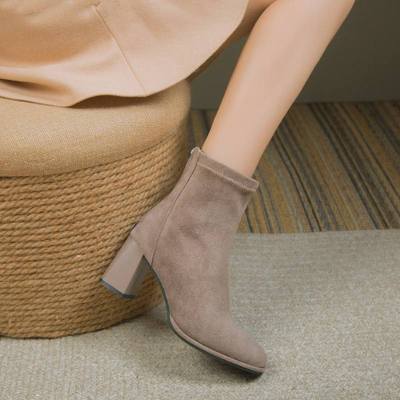 法式裸色春秋季加绒粗跟炸街小短靴女弹力瘦瘦靴绒面马丁靴高跟鞋