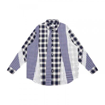 EMPTY REFERENCE结构分割肌理格纹蕾丝拼接宽松衬衣休闲长袖衬衫