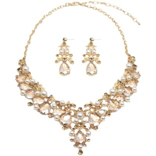 欧美夸张水晶珍珠宝石项链耳环套装新娘宴会女配饰品舞台超闪装饰