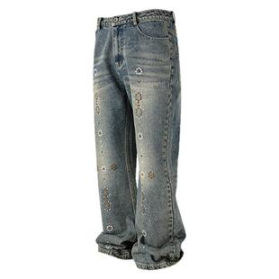 PASET美式高街做旧金属亮片微喇叭牛仔裤vibe情侣款宽松显瘦裤子