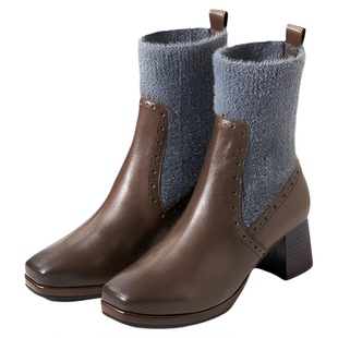 宝舒曼牛皮瘦瘦靴女靴2026新款中筒靴软底真皮短靴粗跟弹力靴袜靴