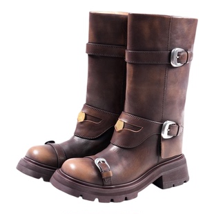 EMPTY BEHAVIOR25秋冬新款三层绷带长靴皮扣带中筒粗跟圆头时装靴