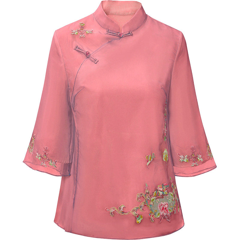 中国风欧根纱刺绣茶服上衣春夏