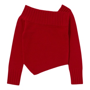 王玉雯同款moussy秋品温柔慵懒不对称领露肩毛衣010IA370-3891