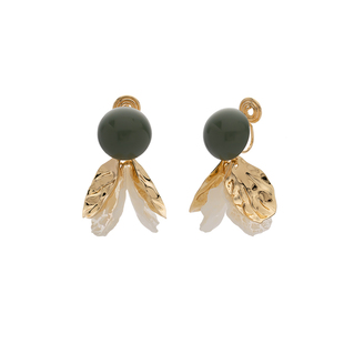 新中式橄榄绿珠耳钉雅致撞色花瓣耳环无耳洞耳夹手工设计小众耳饰