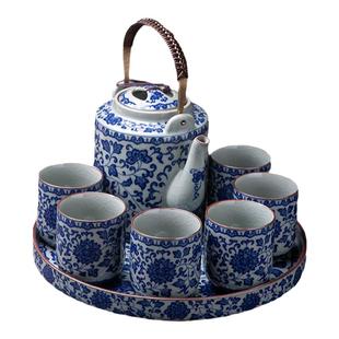 青花瓷功夫茶具套装家用景德镇陶瓷茶壶老陶泥大号提梁壶茶杯整套