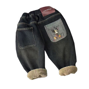 男女童一体绒牛仔裤新款冬季保暖长裤儿童糕糕绒加厚休闲裤子洋气