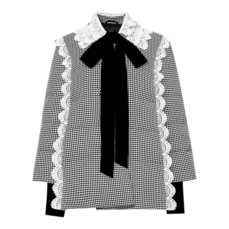 2026冬季新款通勤双层花边翻领灯笼袖A字千鸟格粗花呢羽绒服外套