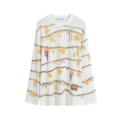 金年豹富印花圆领套头长袖T恤女