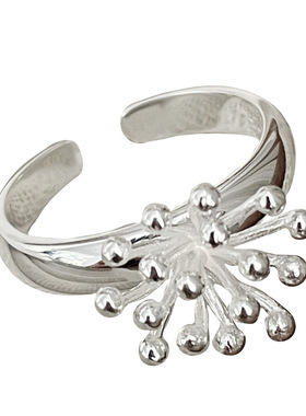 S925纯银烟花珠珠麦穗流苏素圈戒指女生小众设计感开口叠戴食指环