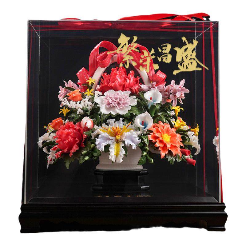 东方泥土陶瓷大花蓝摆件开业礼品