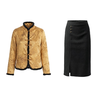 马天奴2026春夏新款黄色提花外套半身裙半裙子两件套装新中式女装