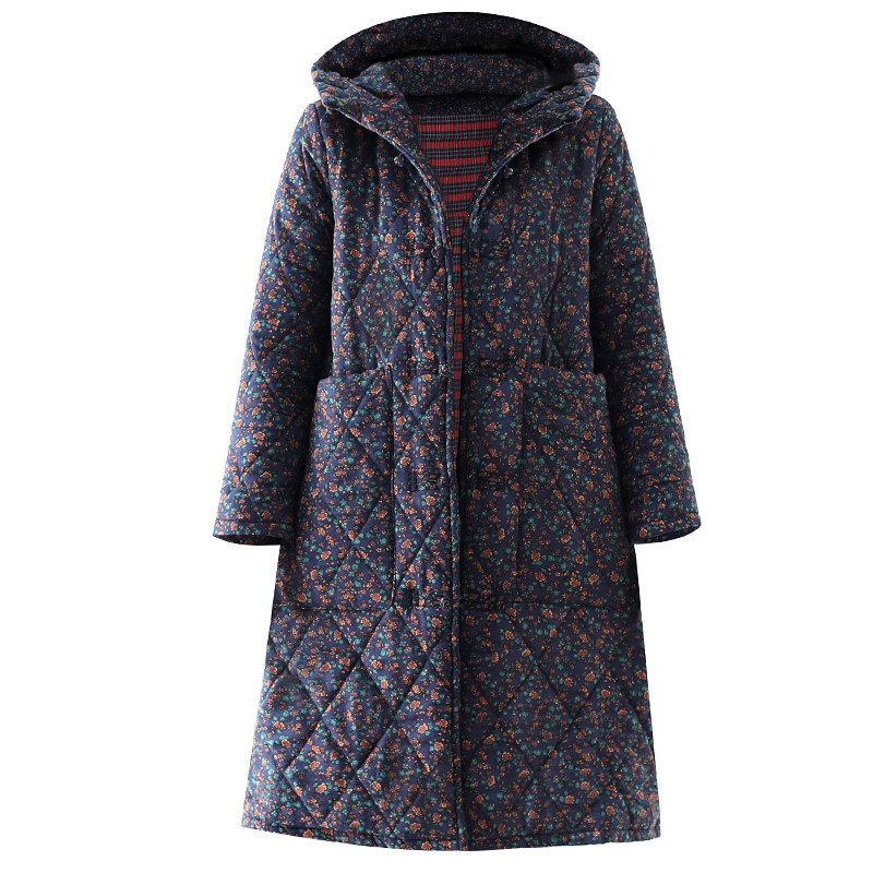秋冬款棉麻碎花中长款棉衣外套女棉衣/棉服