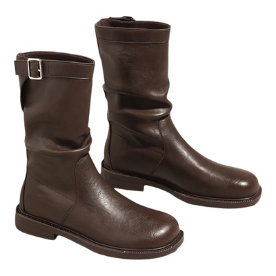 达芙妮棕色复古骑士靴厚底马丁靴