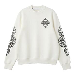 TCH潮牌巴洛克图案烫钻花纹加绒圆领白色卫衣男女同款T78A116035