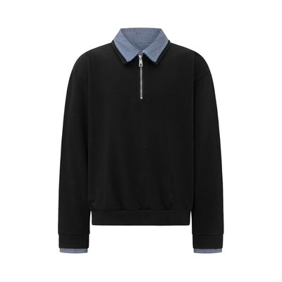 EVC*美式学院风假两件重磅400克双层领格子半拉链短宽长袖卫衣潮