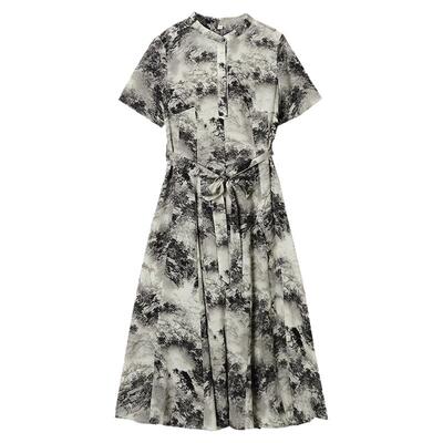 水墨风可开扣中长连衣裙