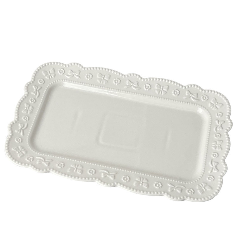 糖小姐法式白色长方形盘子高级感浮雕陶瓷西餐盘沙拉水果浅盘托盘