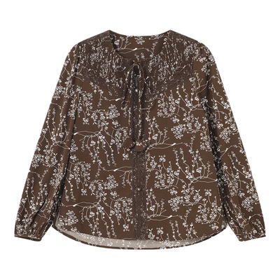 Basic House/百家好复古咖色碎花长袖衬衫女春季新款休闲内搭上衣