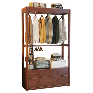 实木衣帽架落地卧室家用床头柜一体置物架床边挂衣架带抽屉收纳架