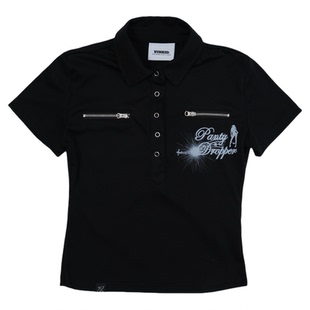 Vinkid Girls音符Polo衫 修身显瘦排扣V领收腰基础百搭短袖t恤