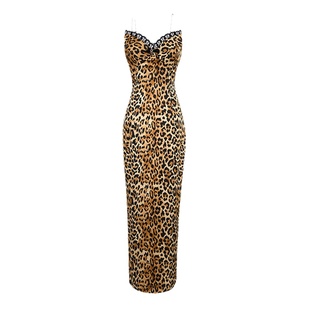 le palais vintage性感优雅豹纹仿真丝绸缎修身包裹长裙